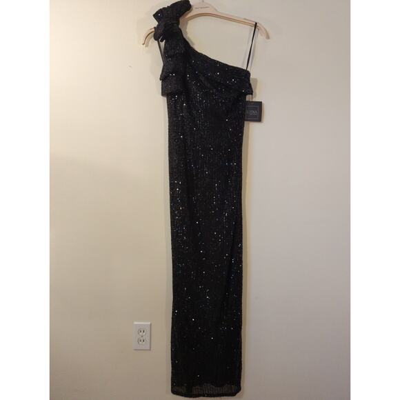 NWT New Mac Duggal Sz 4 Black Asymmetrical Bow Sequin Embellished Dress 11283 - Picture 3 of 6